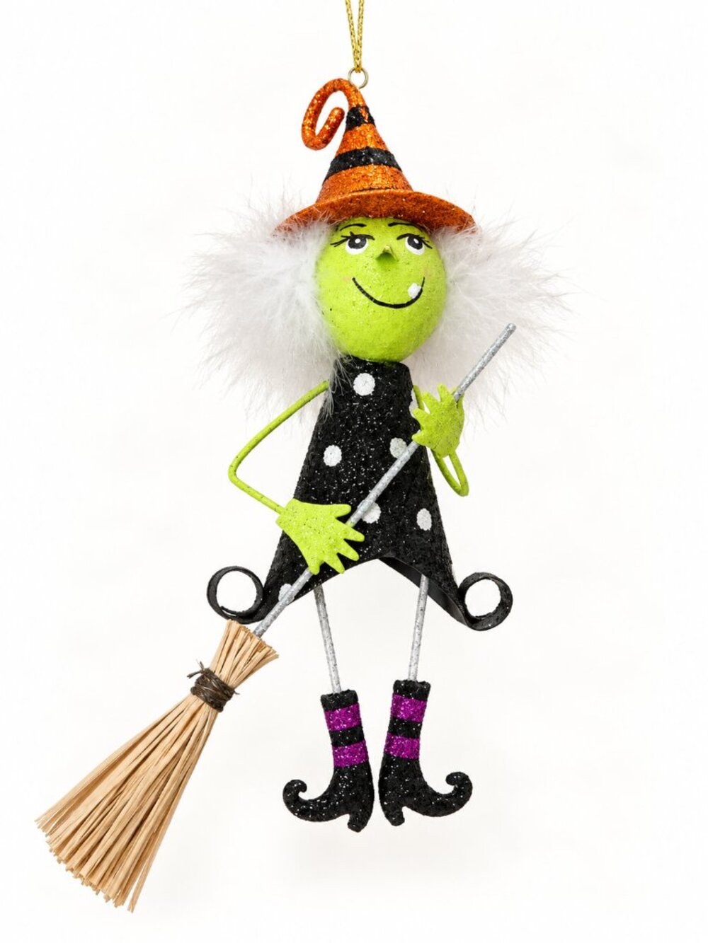 Pier 1 Imports Glitter Metal Halloween Flying Witch Broom Ornament Vintage 6"